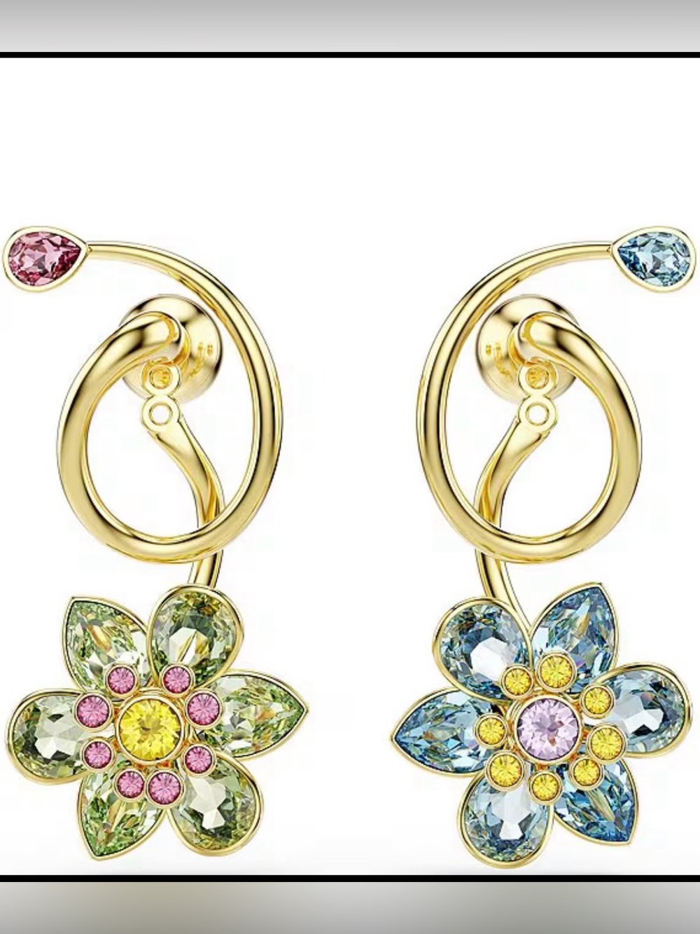 Swarovski Idyllia drop flower earrings. Gold tone. Colored crystals.